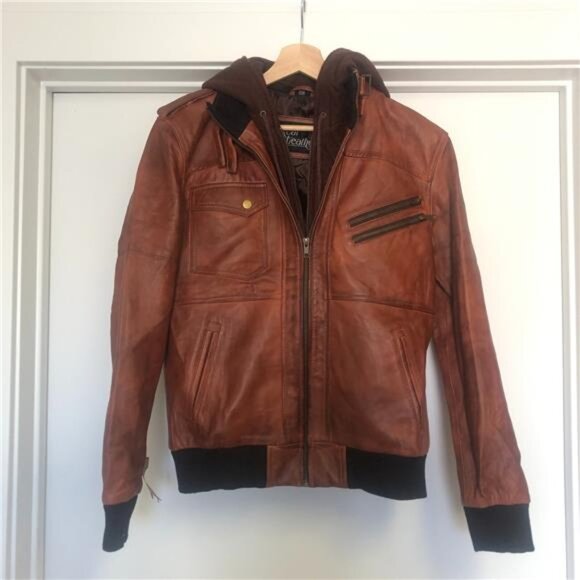 Men's Real Leather Brown Moto Bomber Jacket with Hood- Sizes XS, S - Picture 2 of 7